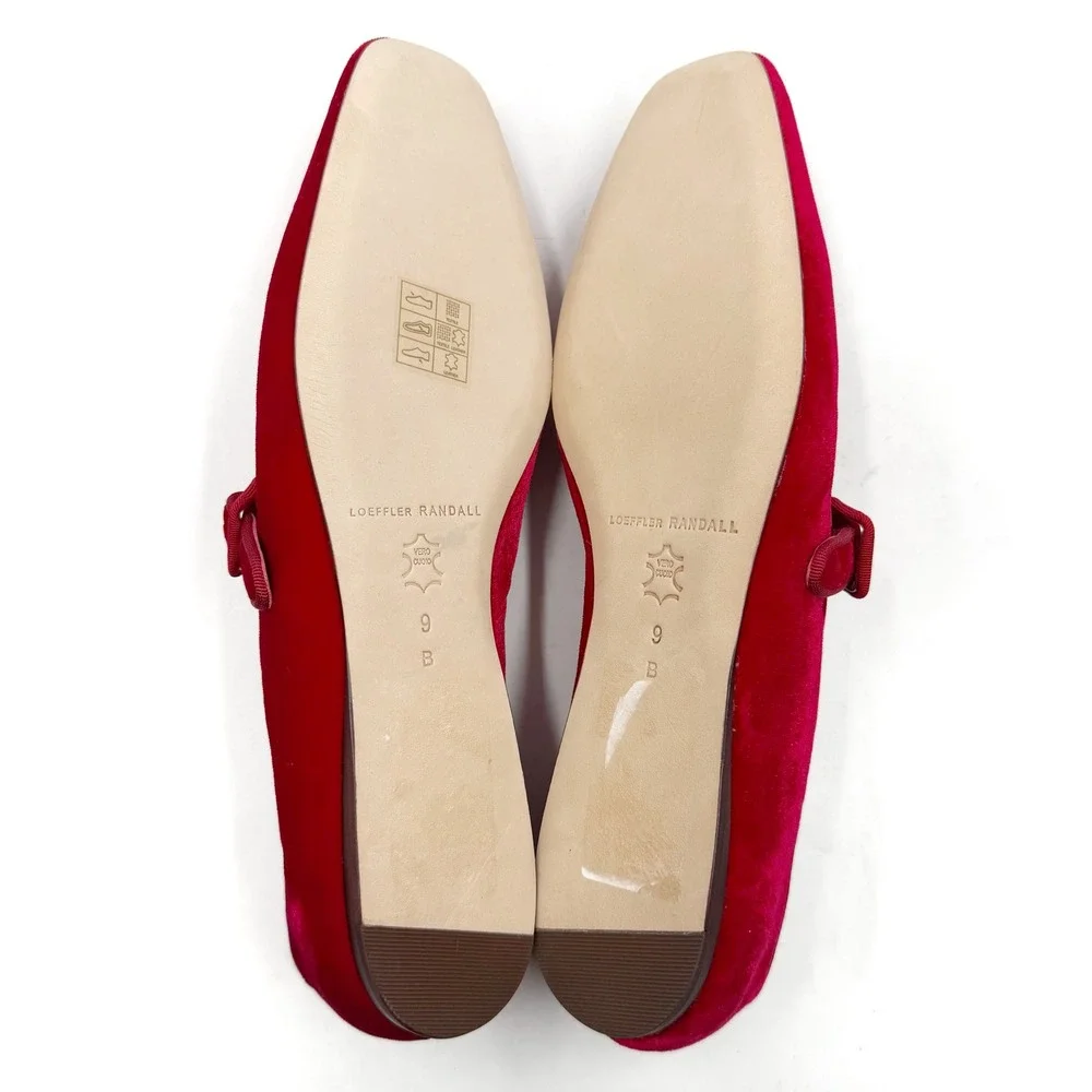 Loeffler‎ Randall Ginger Red Velvet Mary Jane Flats Square Toe Ballet Sz 9